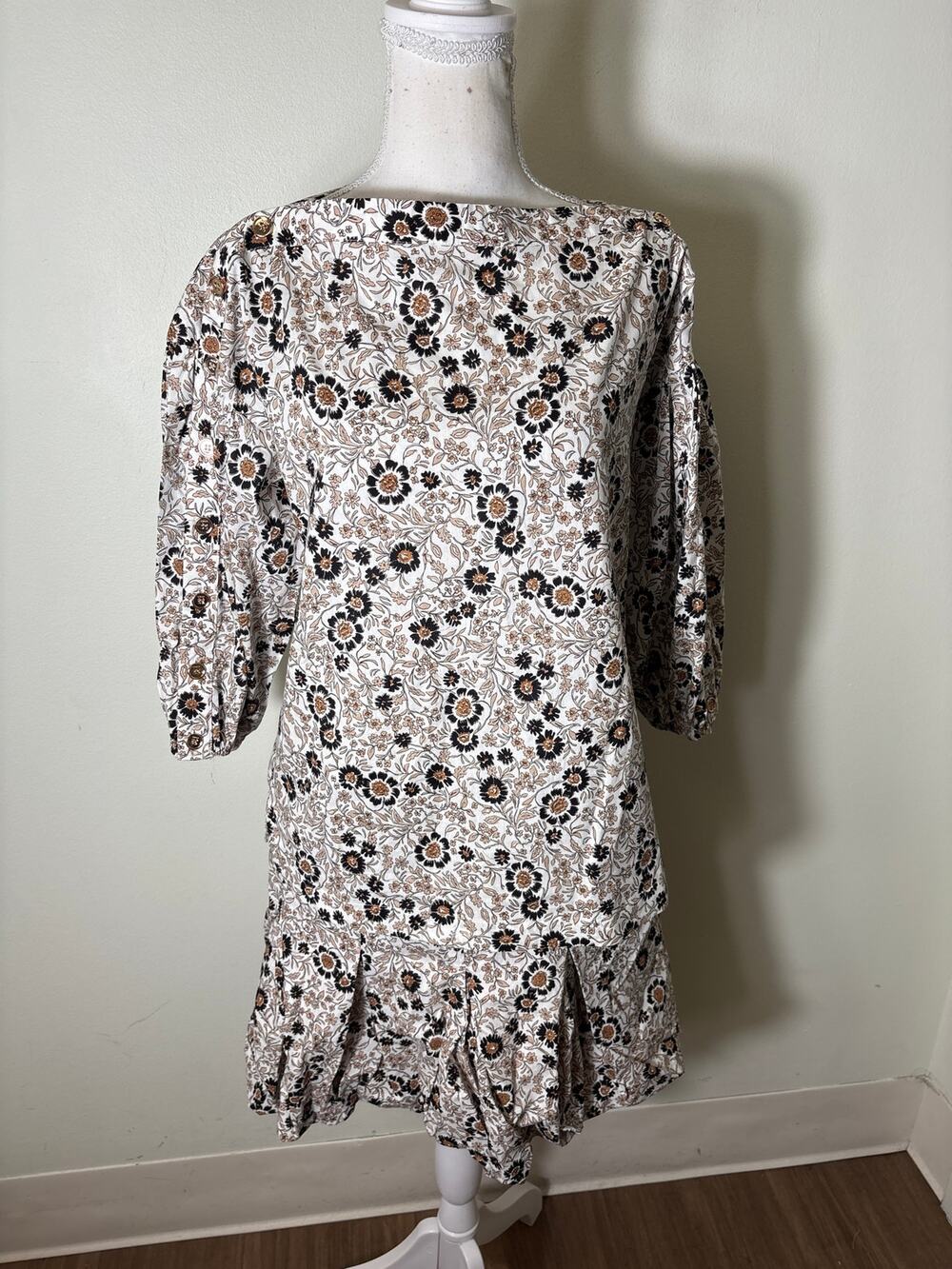 Buru Black and Brown Floral Long Sleeve Top and Mini  Skirt Set Sz S